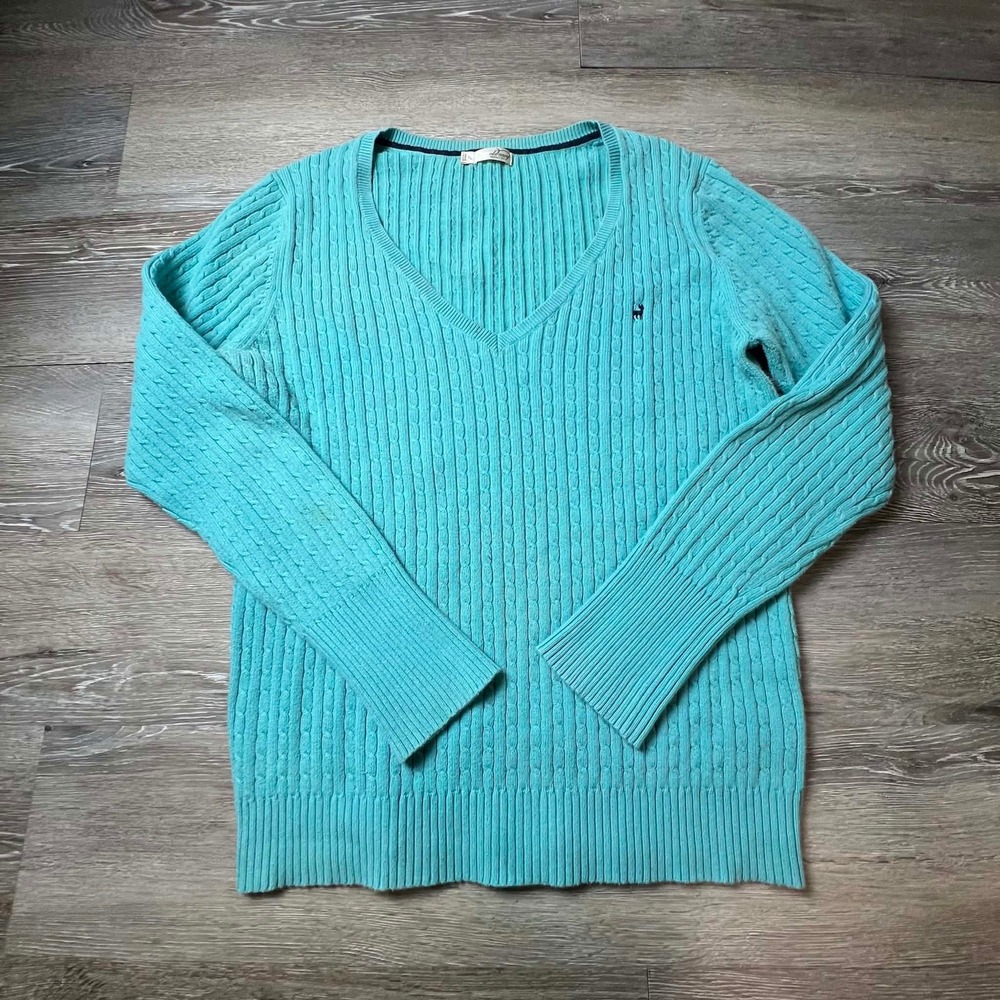 Old Navy Sweater Womens XL Turquoise Blue Cable Knit V-Neck Perfect‎ Fit Logo